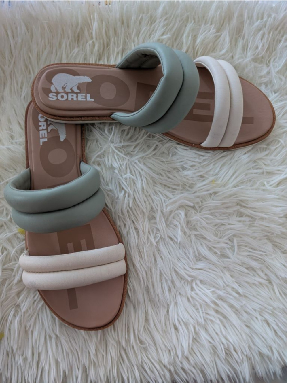 Sorel Ella II Puff Slides Size 8 Sage Green Ivory Padded Sandals - Picture 2 of 12